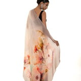 Peach - Grey Ombre Floral Painted Pure Organza Silk Saree with Unstitch Blouse Piece - Anvi Couture