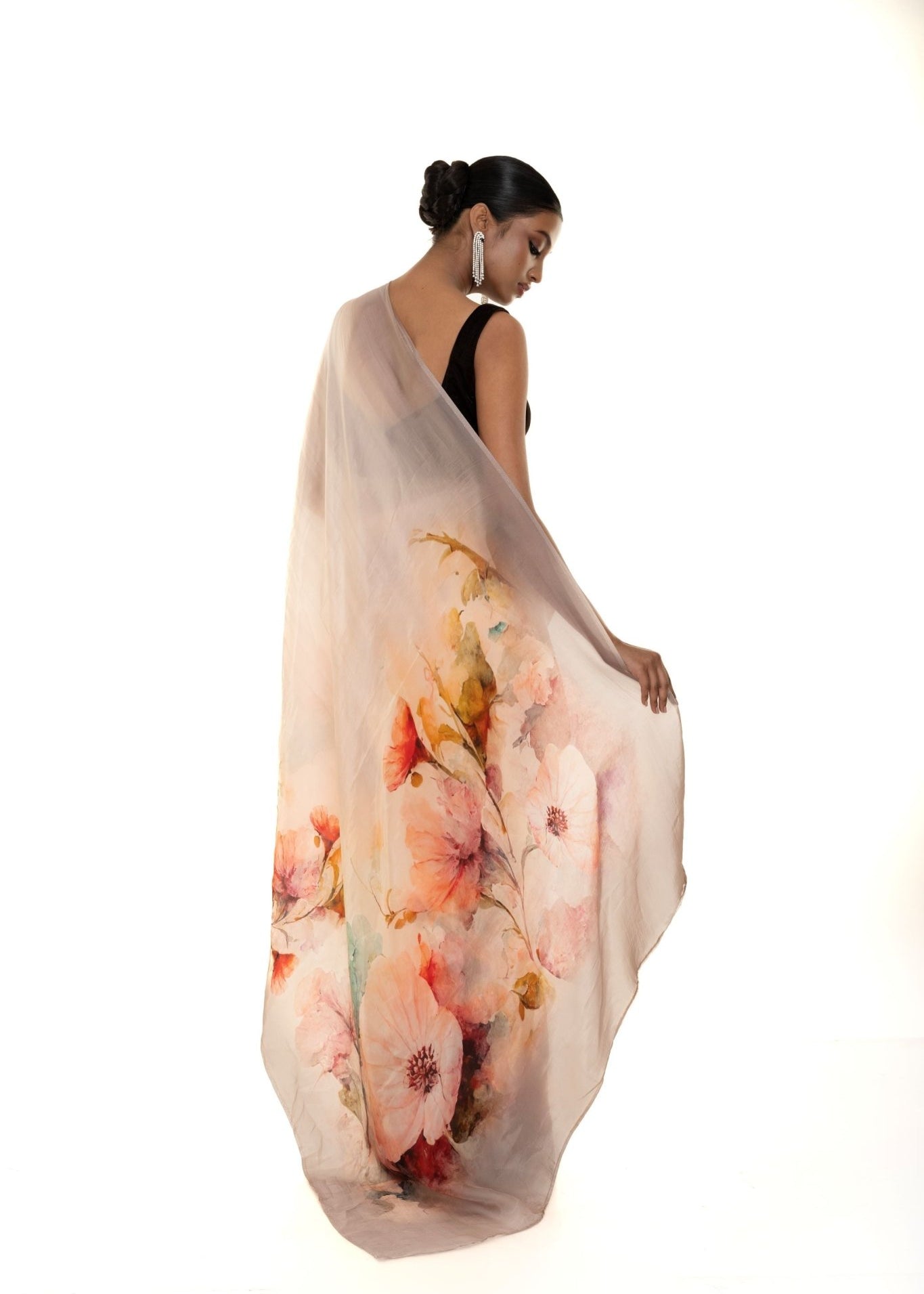 Peach - Grey Ombre Floral Painted Pure Organza Silk Saree with Unstitch Blouse Piece - Anvi Couture