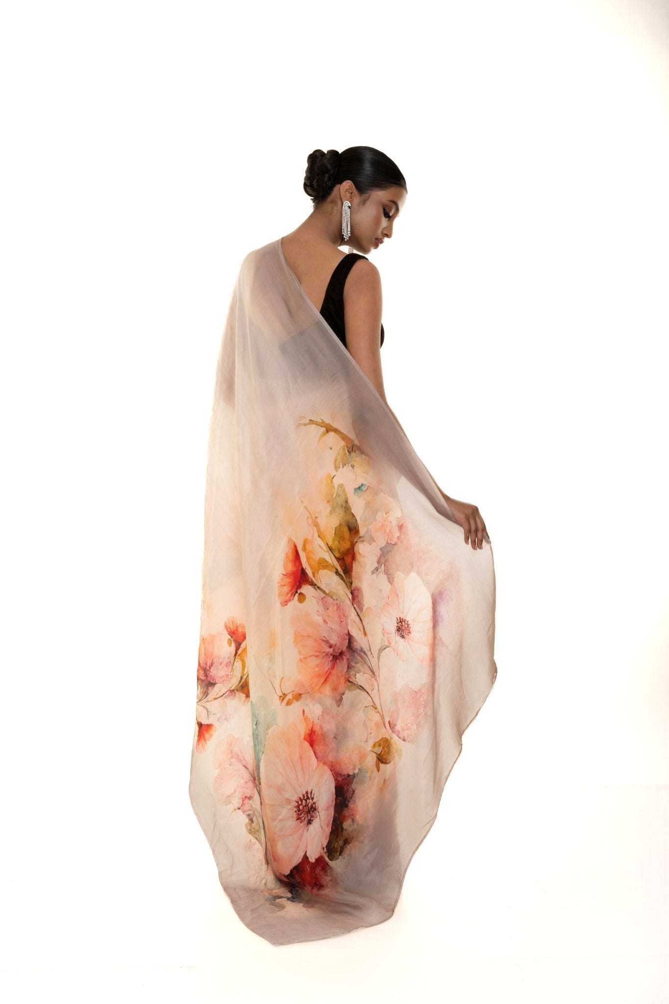 Peach - Grey Ombre Floral Painted Pure Organza Silk Saree with Unstitch Blouse Piece - Anvi Couture