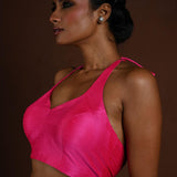 Pink Halter Neck Blouse in Raw Silk with Back Closure - Anvi Couture