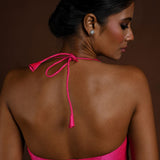 Pink Halter Neck Blouse in Raw Silk with Back Closure - Anvi Couture