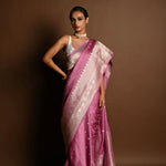 Pastel Mauve Pure Satin Silk Handloom Banarasi Saree - Anvi Couture