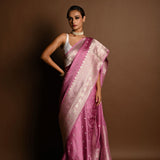 Pastel Mauve Pure Satin Silk Handloom Banarasi Saree - Anvi Couture