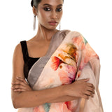 Peach - Grey Ombre Floral Painted Pure Organza Silk Saree with Unstitch Blouse Piece - Anvi Couture