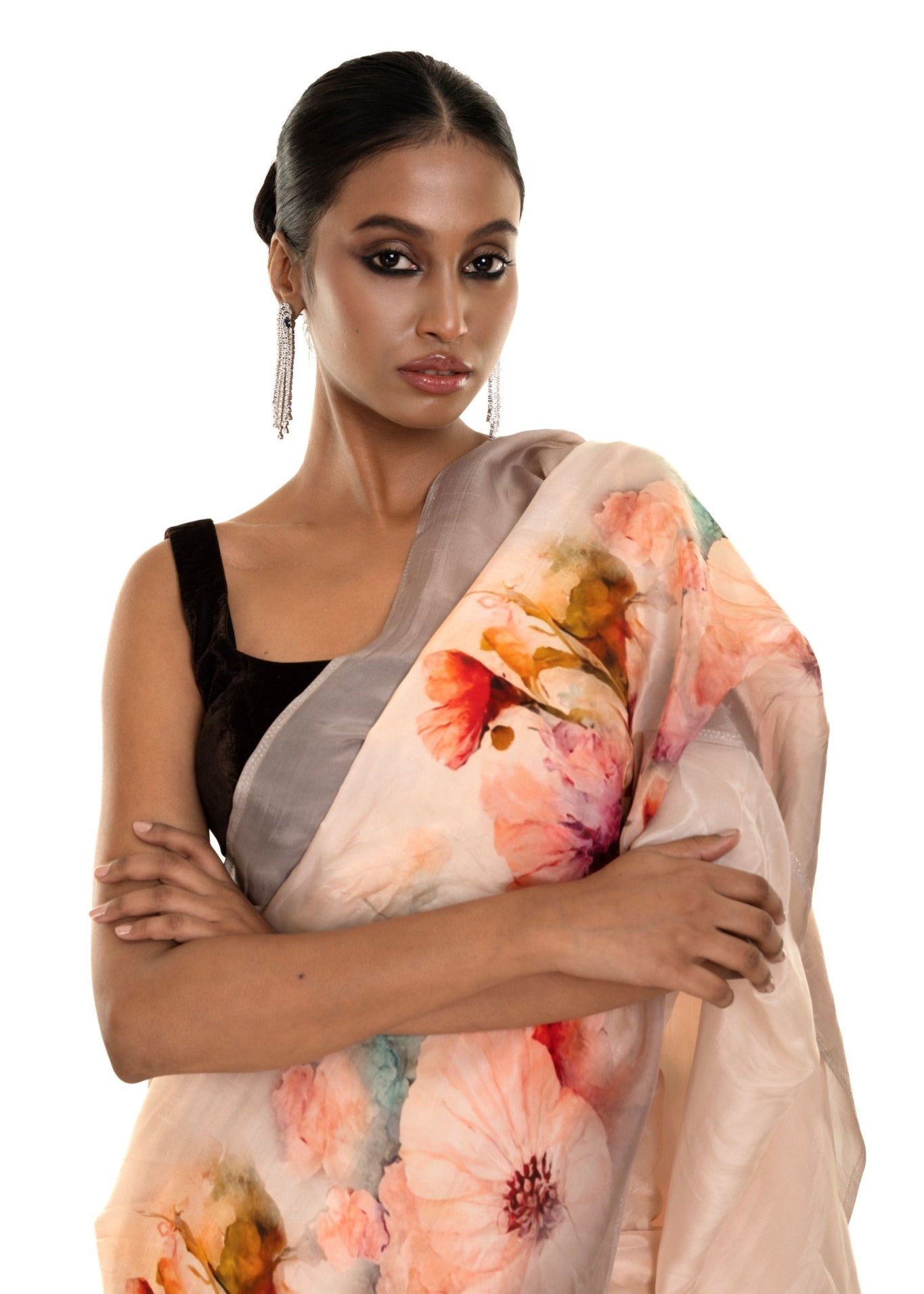 Peach - Grey Ombre Floral Painted Pure Organza Silk Saree with Unstitch Blouse Piece - Anvi Couture