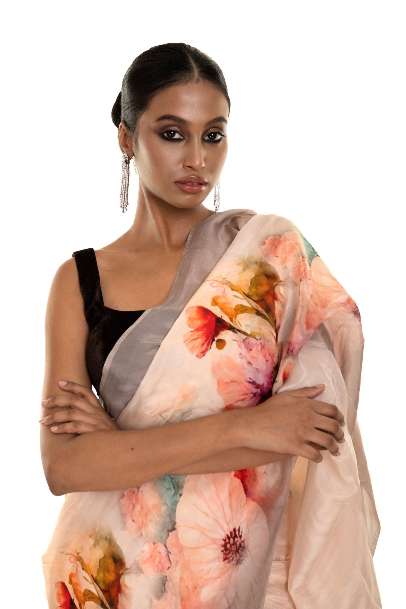 Peach - Grey Ombre Floral Painted Pure Organza Silk Saree with Unstitch Blouse Piece - Anvi Couture