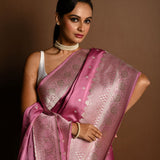 Pastel Mauve Pure Satin Silk Handloom Banarasi Saree - Anvi Couture