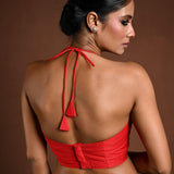 Red Halter Neck Blouse in Raw Silk - Anvi Couture