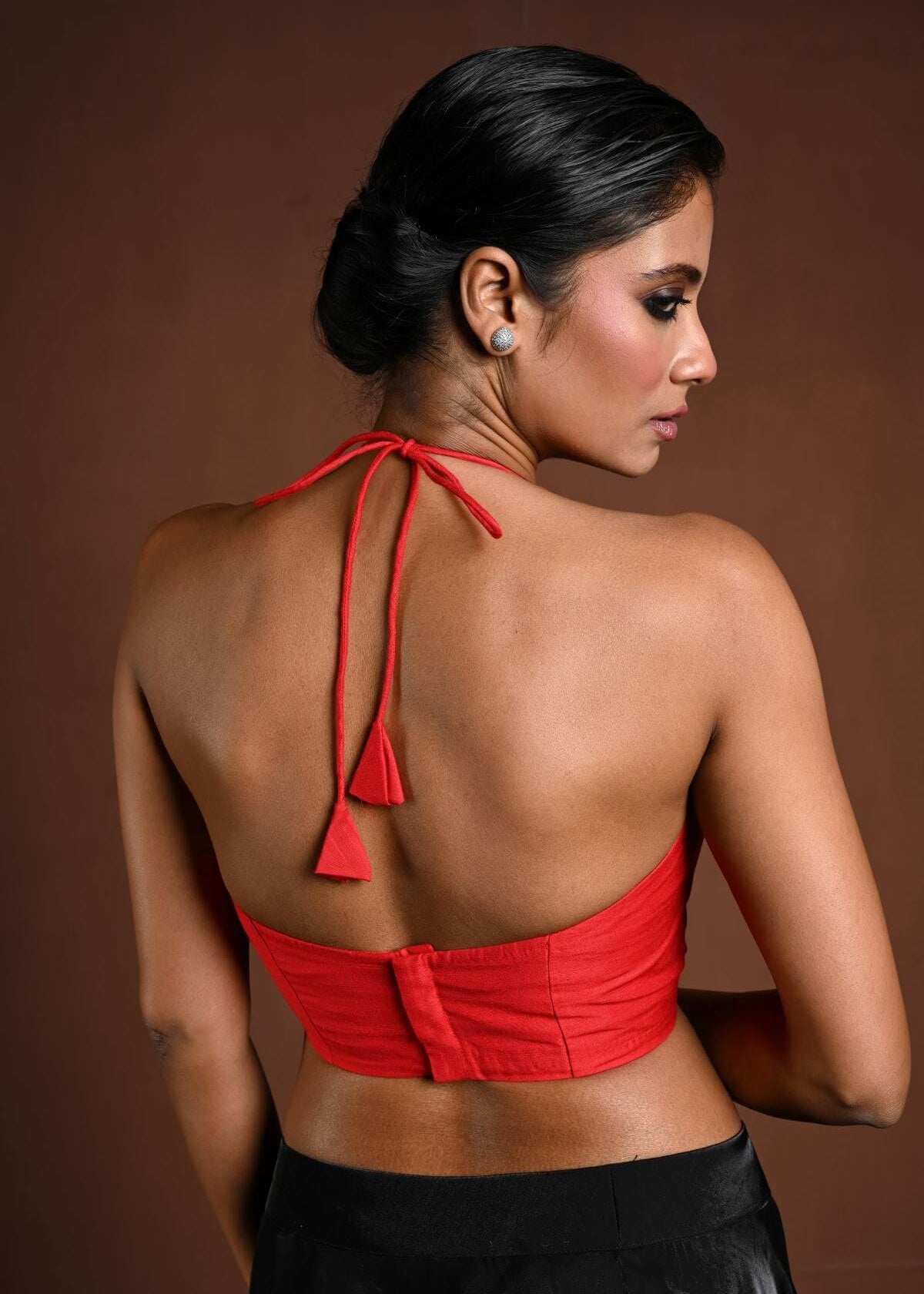 Red Halter Neck Blouse in Raw Silk - Anvi Couture