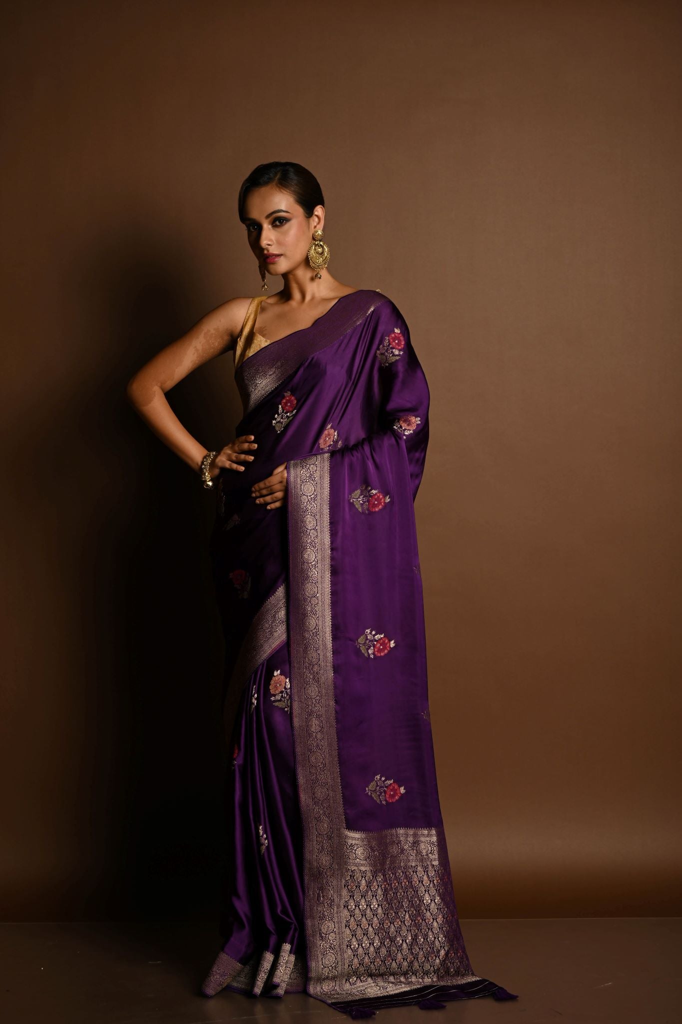 Purple Boota Silk Handloom Banarasi Saree - Anvi Couture