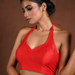 Red Halter Neck Blouse in Raw Silk - Anvi Couture