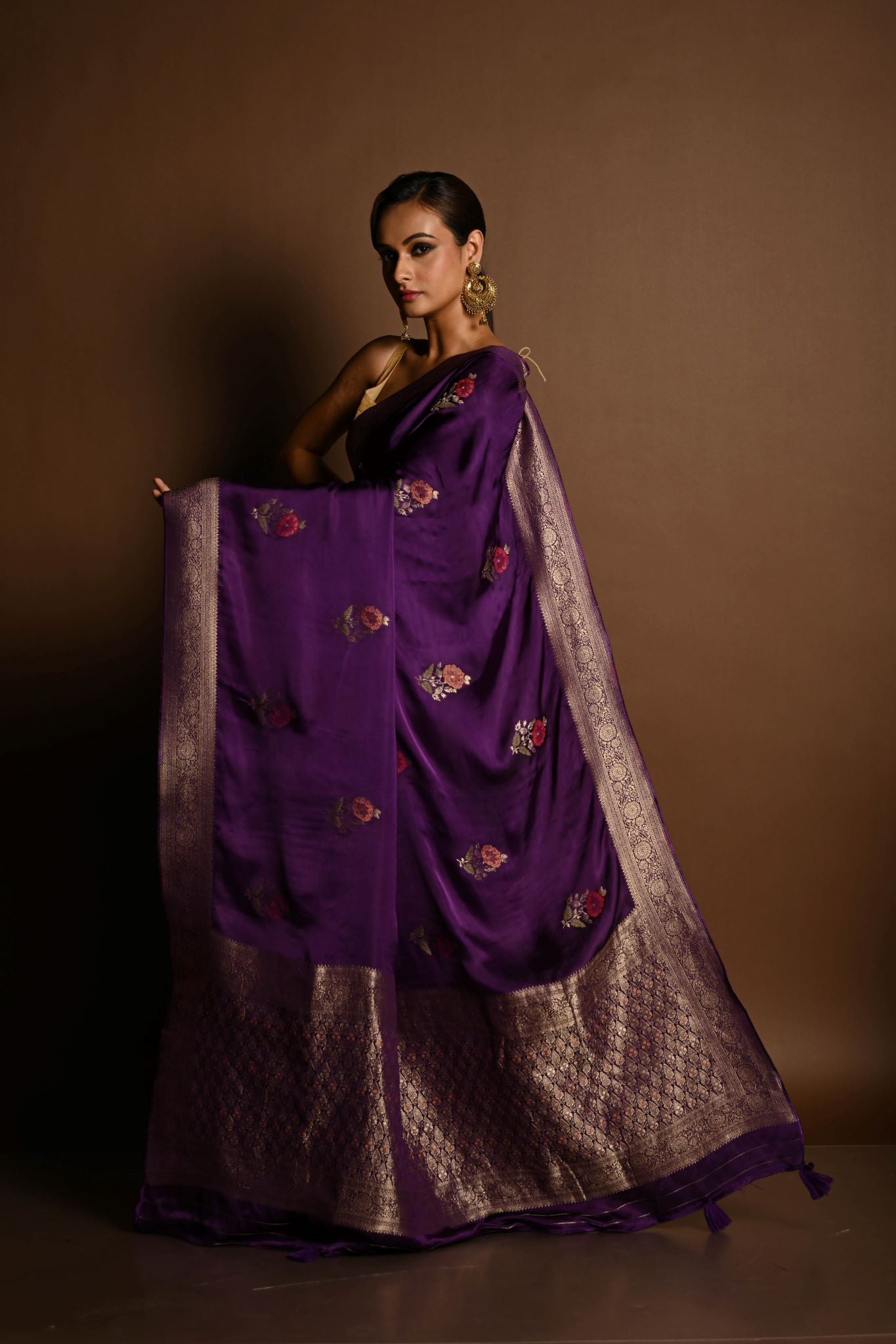 Purple Boota Silk Handloom Banarasi Saree - Anvi Couture