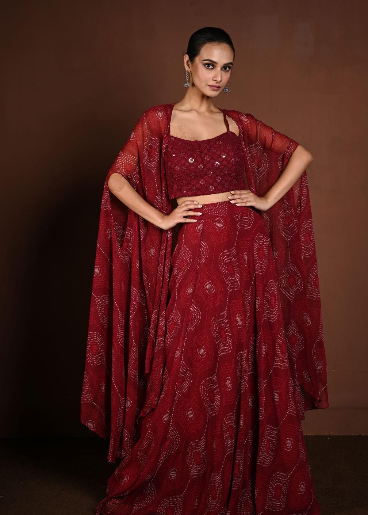 Maroon Cape - Style Lehenga with Bandhej Print and Sequin Choli - Anvi Couture