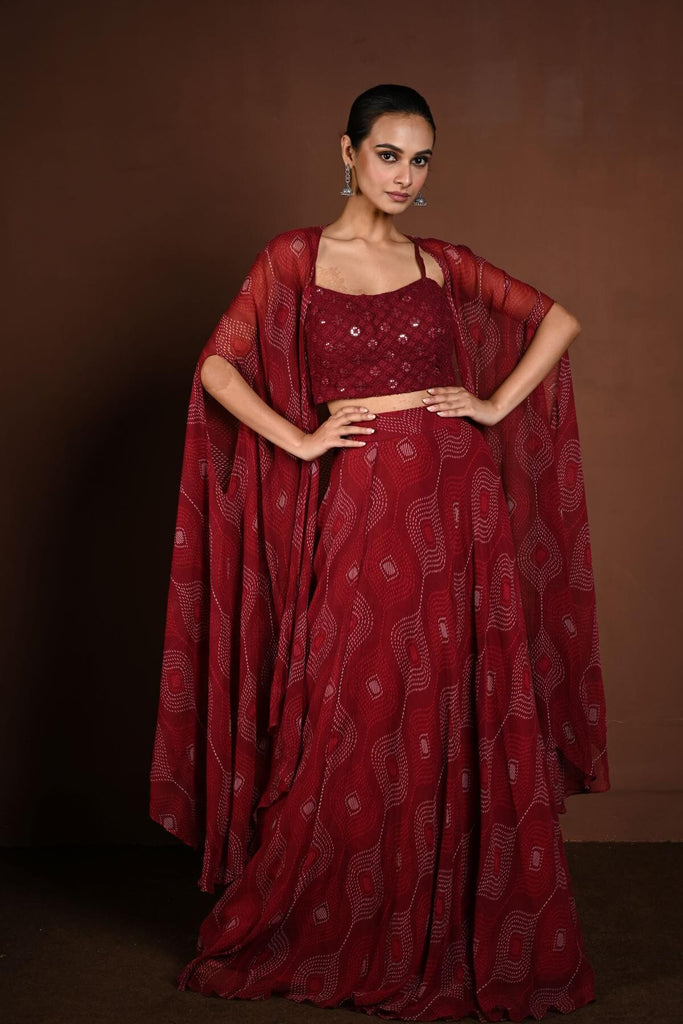 Maroon Cape-Style Lehenga with Bandhej Print and Sequin Choli