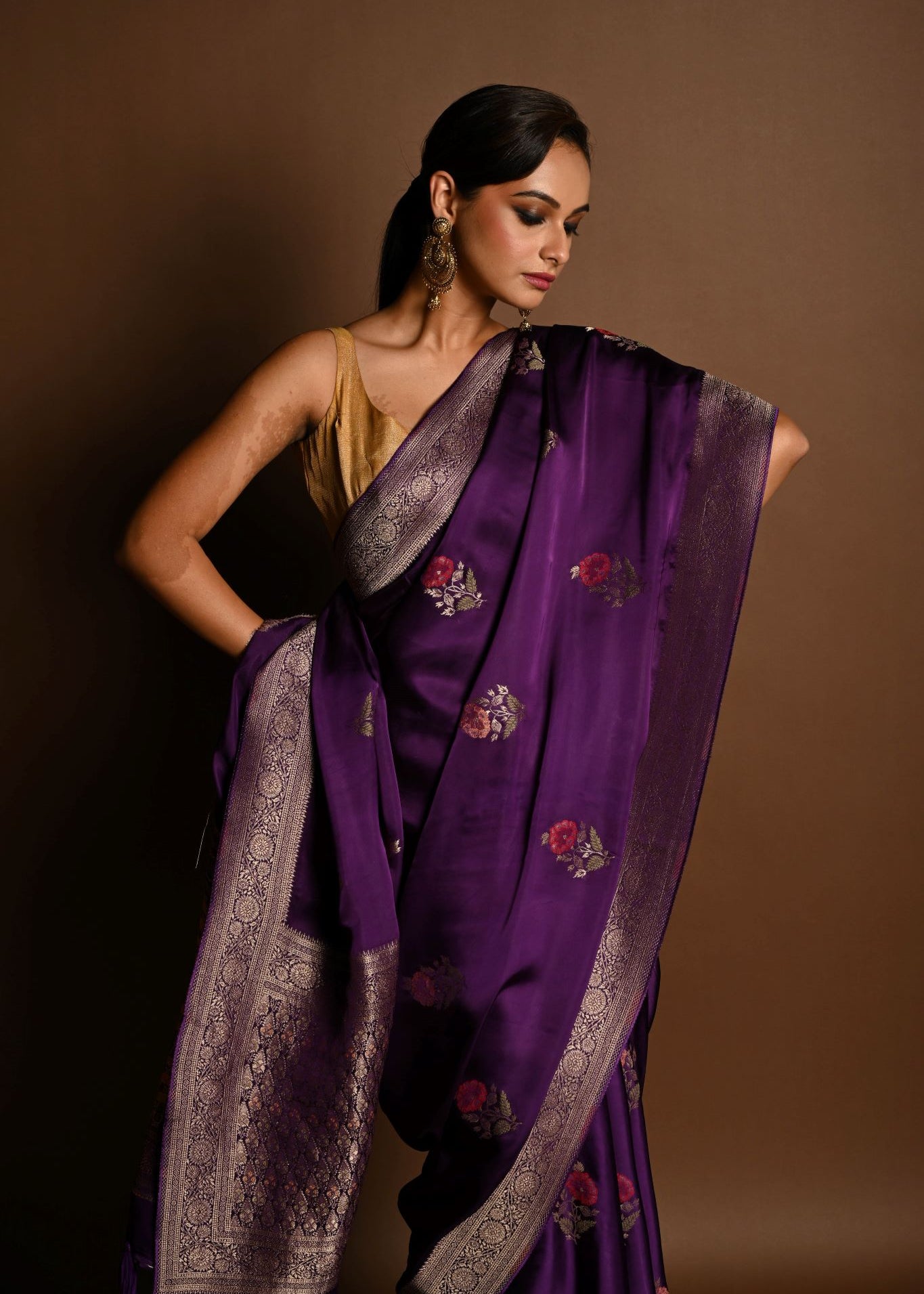 Purple Boota Silk Handloom Banarasi Saree - Anvi Couture