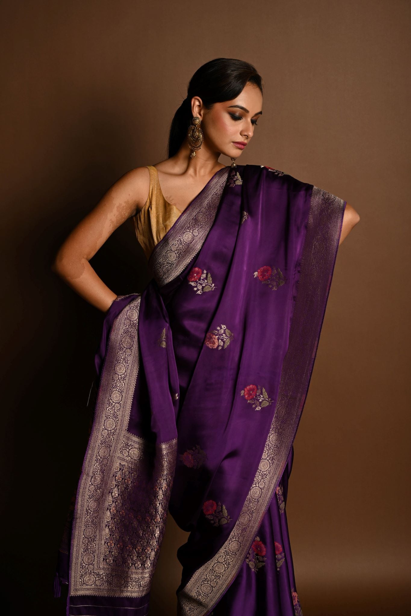 Purple Boota Silk Handloom Banarasi Saree - Anvi Couture