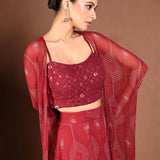 Maroon Cape - Style Lehenga with Bandhej Print and Sequin Choli - Anvi Couture