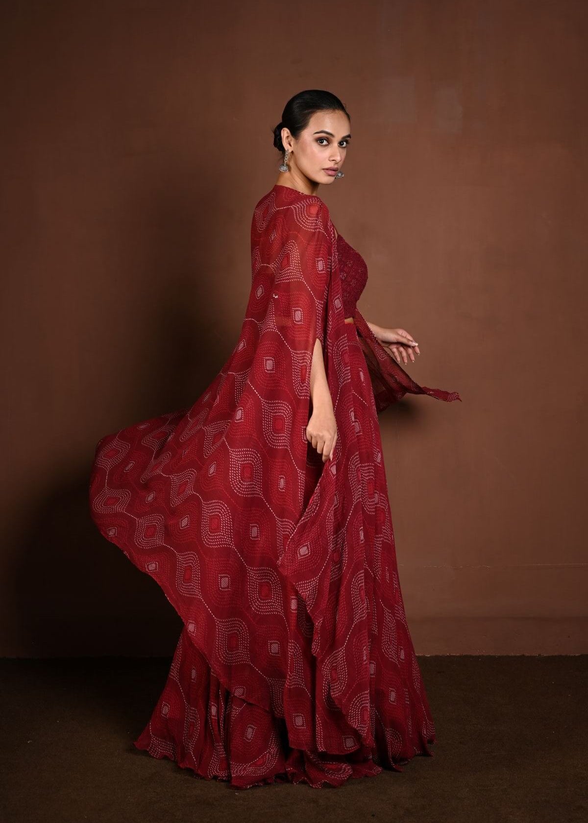 Maroon Cape - Style Lehenga with Bandhej Print and Sequin Choli - Anvi Couture