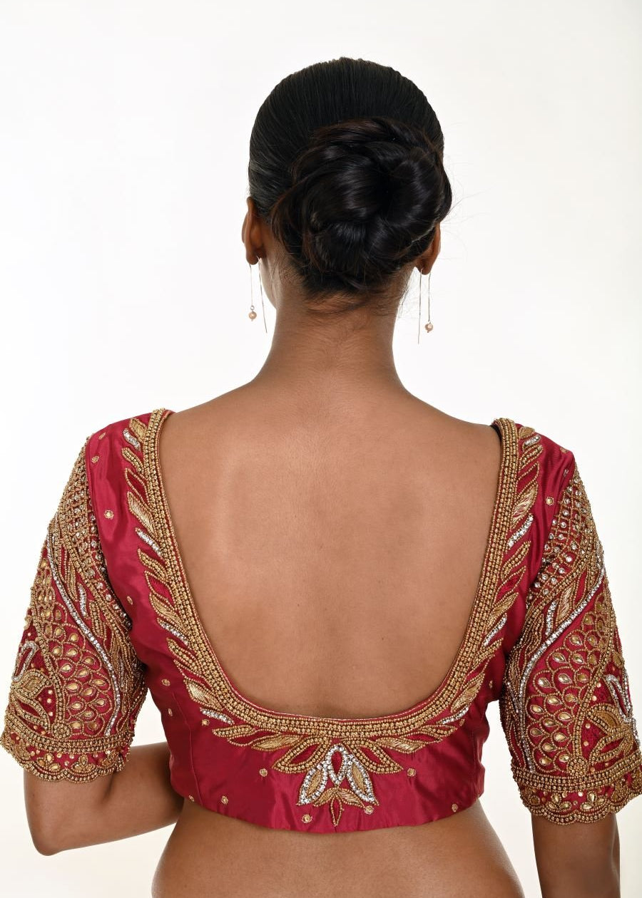 Maroon Pure Silk Hand Embroidered Bridal Blouse - Anvi Couture