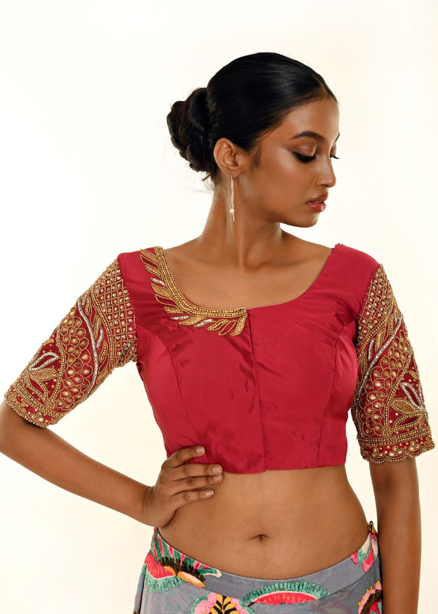 Maroon Pure Silk Hand Embroidered Bridal Blouse - Anvi Couture