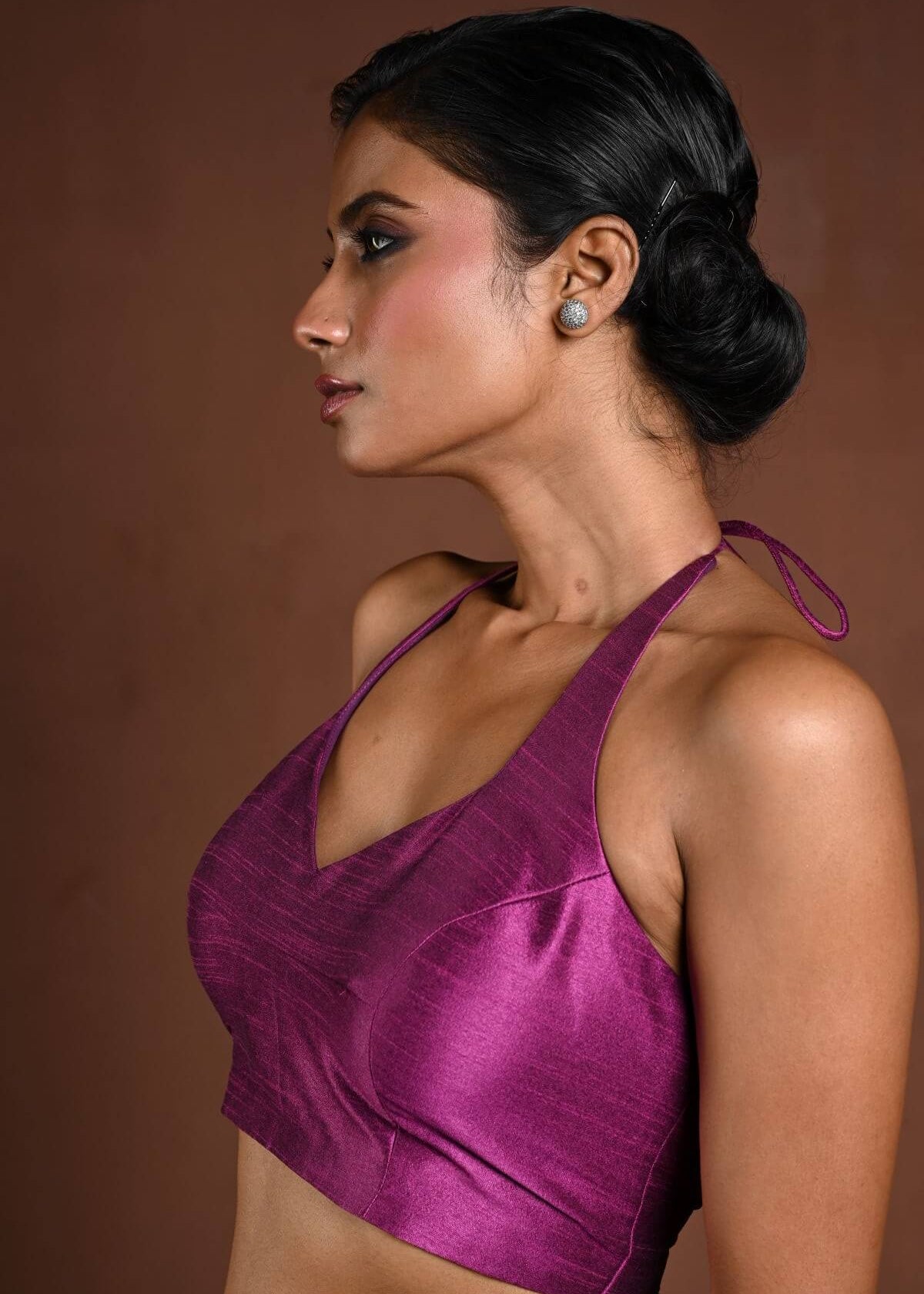 Purple Halter Neck Blouse in Raw Silk - Anvi Couture