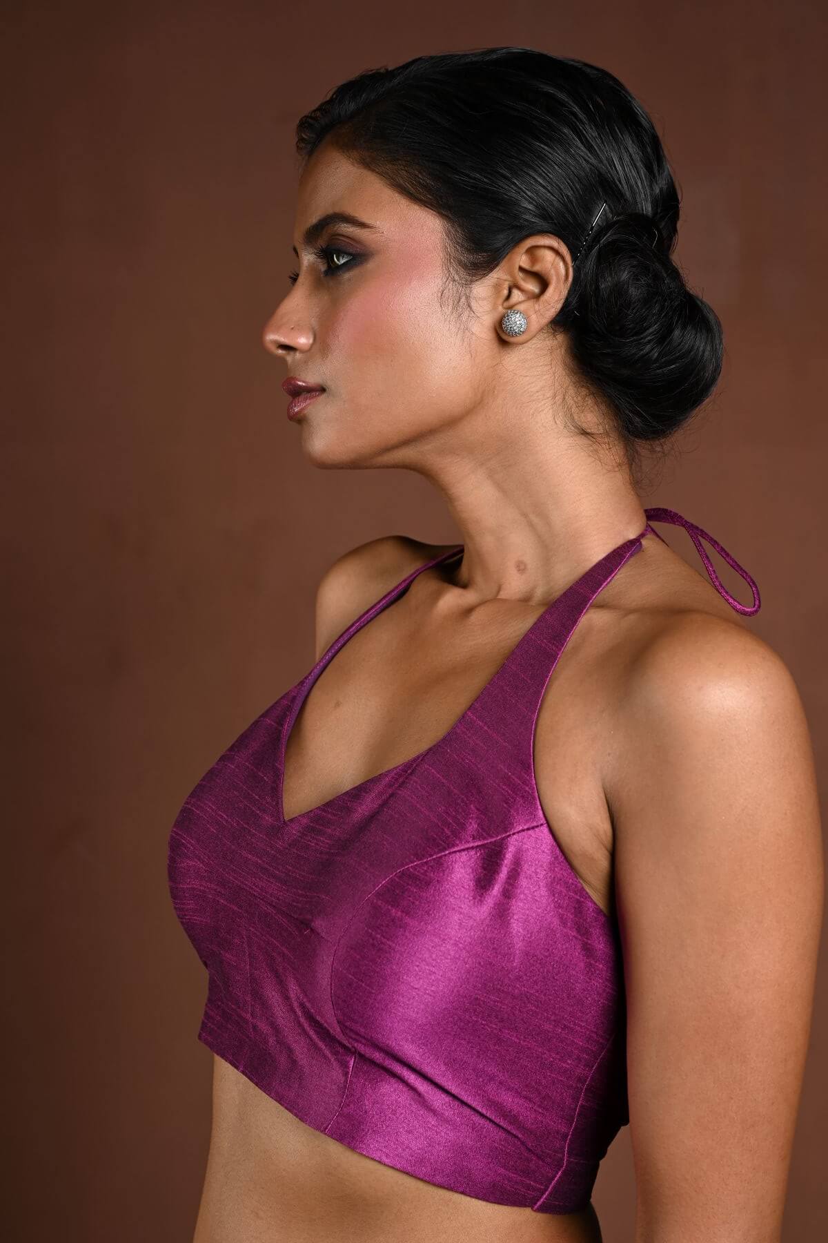 Purple Halter Neck Blouse in Raw Silk - Anvi Couture