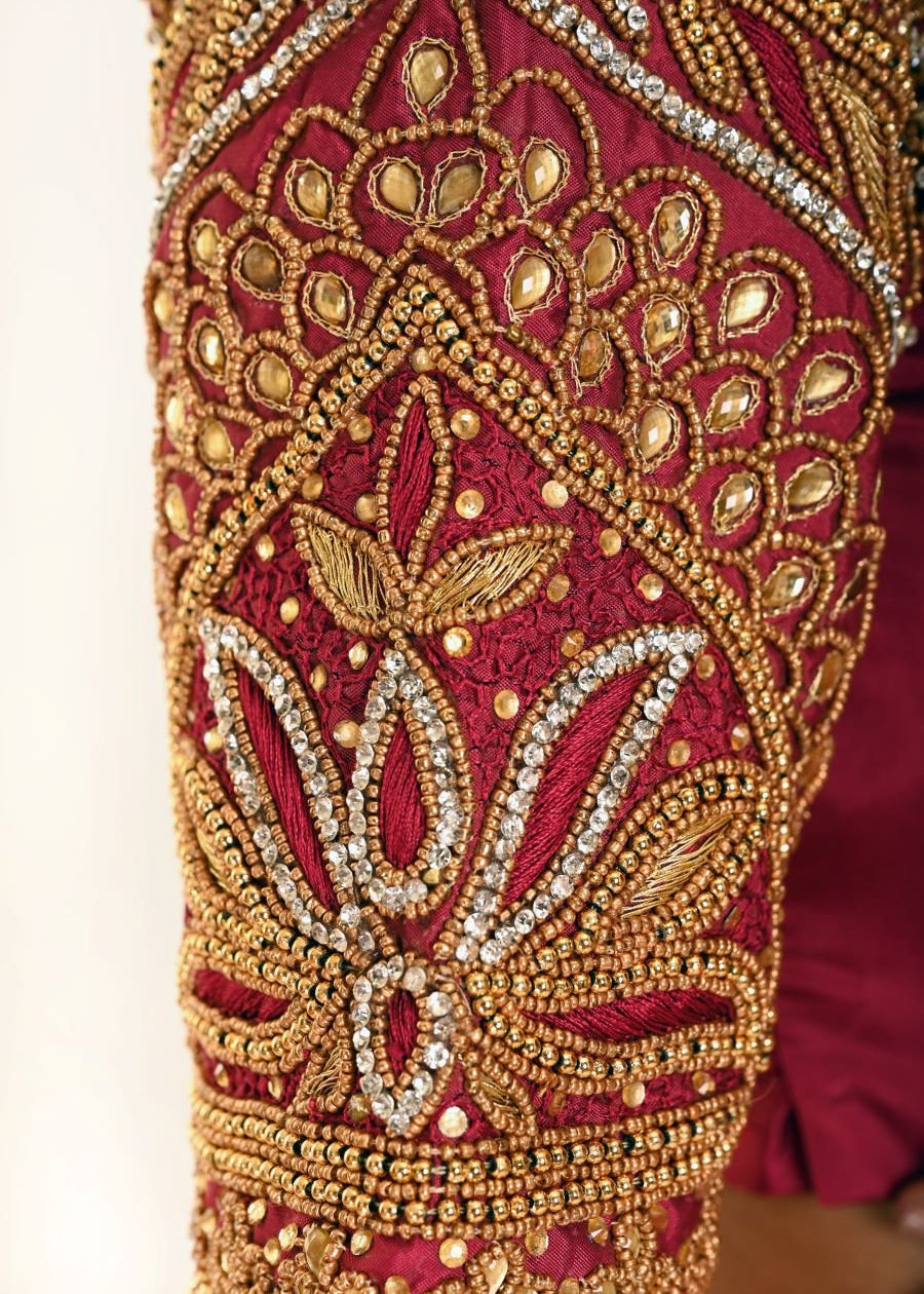 Maroon Pure Silk Hand Embroidered Bridal Blouse - Anvi Couture