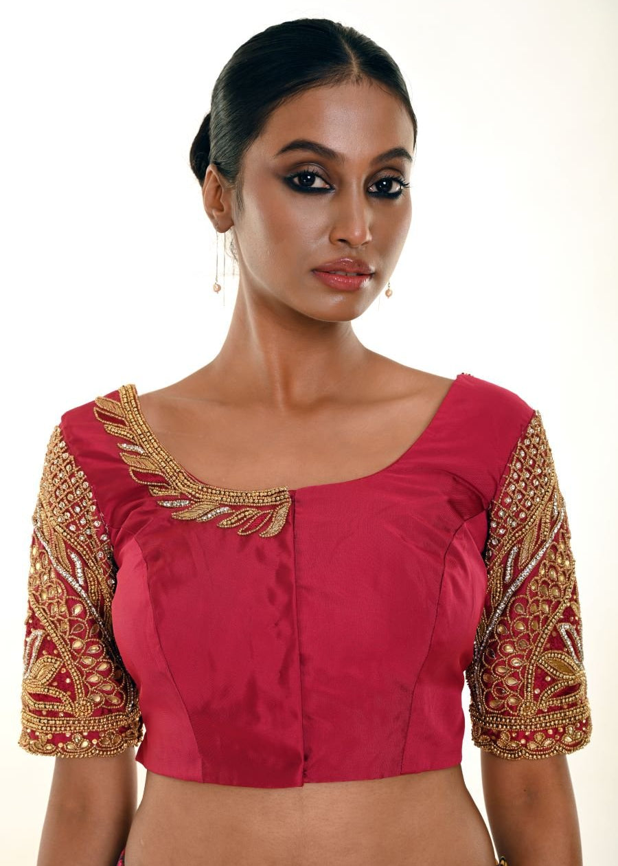 Maroon Pure Silk Hand Embroidered Bridal Blouse - Anvi Couture