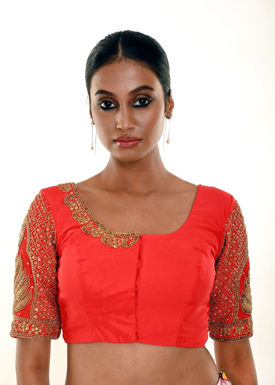 Red Bridal Blouse with Heavy Hand Embroidery - Anvi Couture