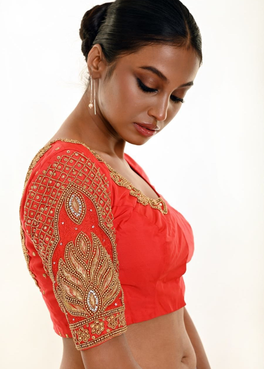 Red Bridal Blouse with Heavy Hand Embroidery - Anvi Couture