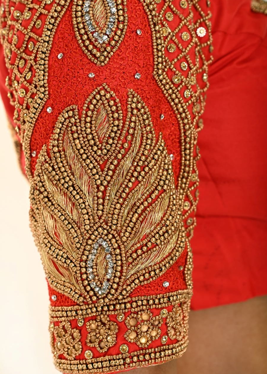 Red Bridal Blouse with Heavy Hand Embroidery - Anvi Couture