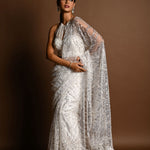 White Net Saree, Paisley Sequin Saree, Indian Bridal Wear, Designer Saree