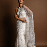 White Net Saree, Paisley Sequin Saree, Indian Bridal Wear, Designer Saree