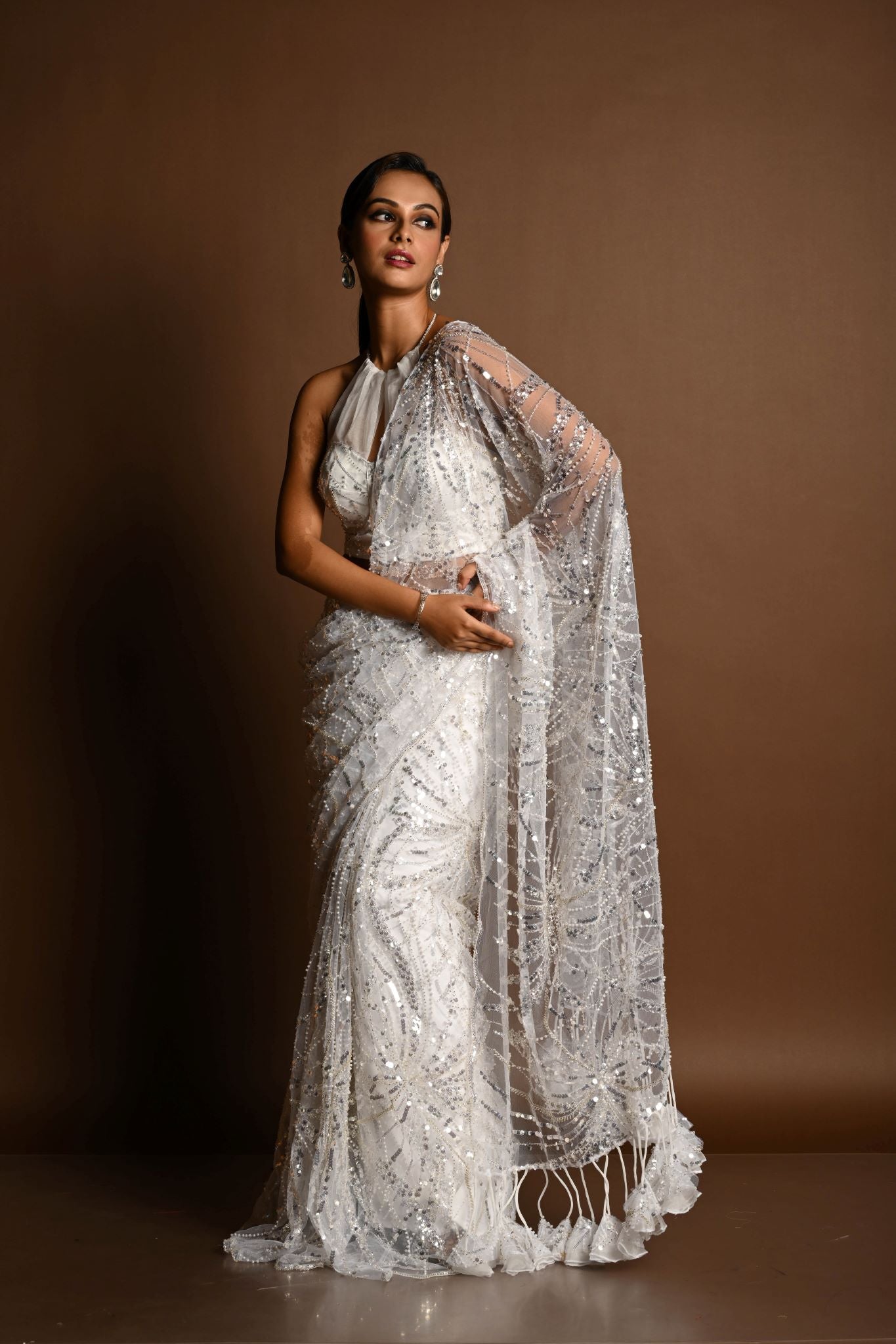 White Net Saree, Paisley Sequin Saree, Indian Bridal Wear, Designer Saree