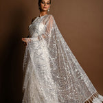 White Net Paisley Sequin Saree with Halter Neck Blouse