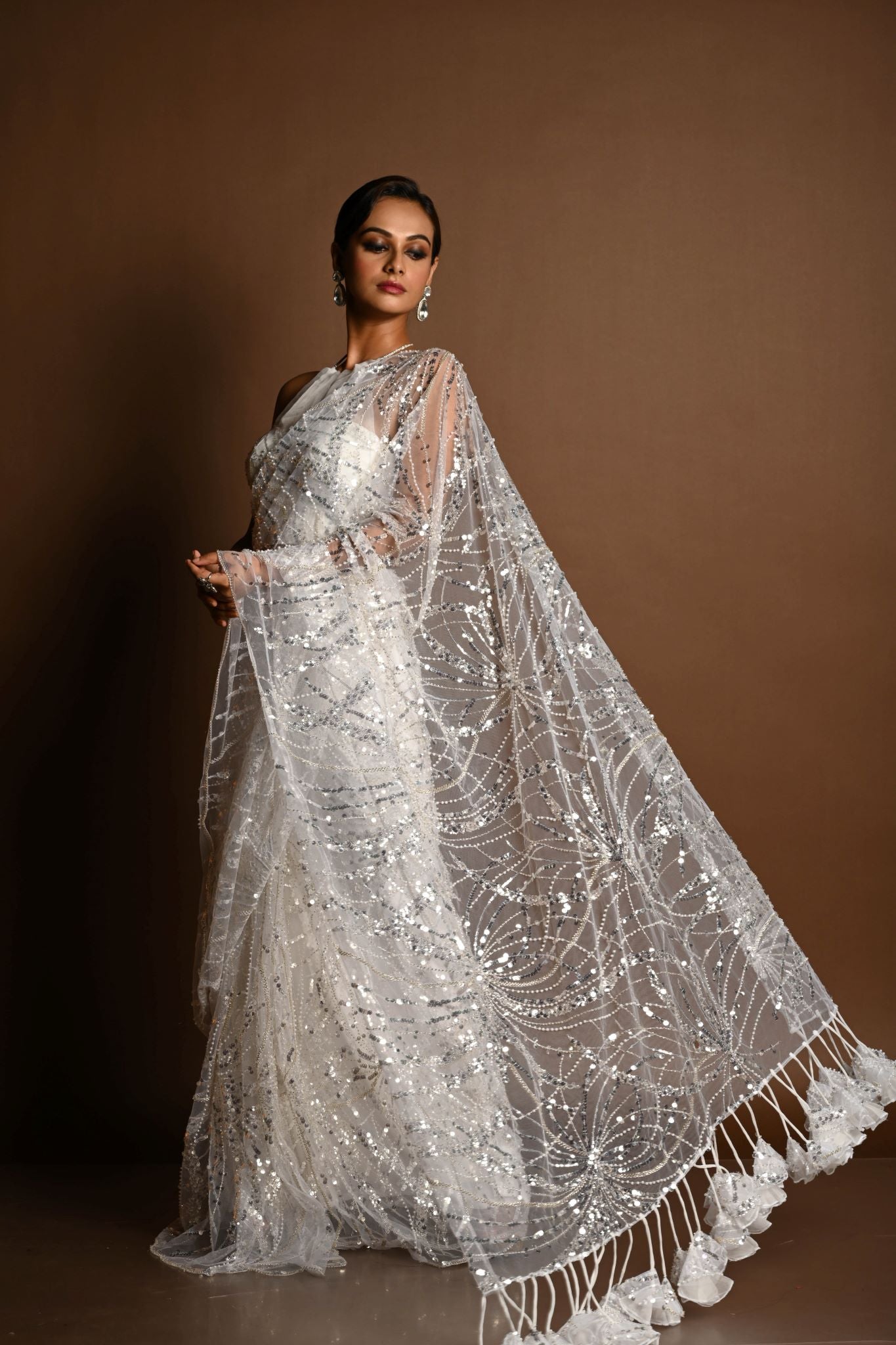 White Net Paisley Sequin Saree with Halter Neck Blouse