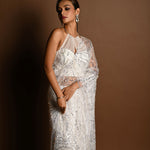 Designer White Net Saree with Embroidery and Sequin Paisley Design