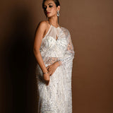 Designer White Net Saree with Embroidery and Sequin Paisley Design