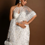 Luxury White Net Saree for Weddings with Halter Neck Blouse