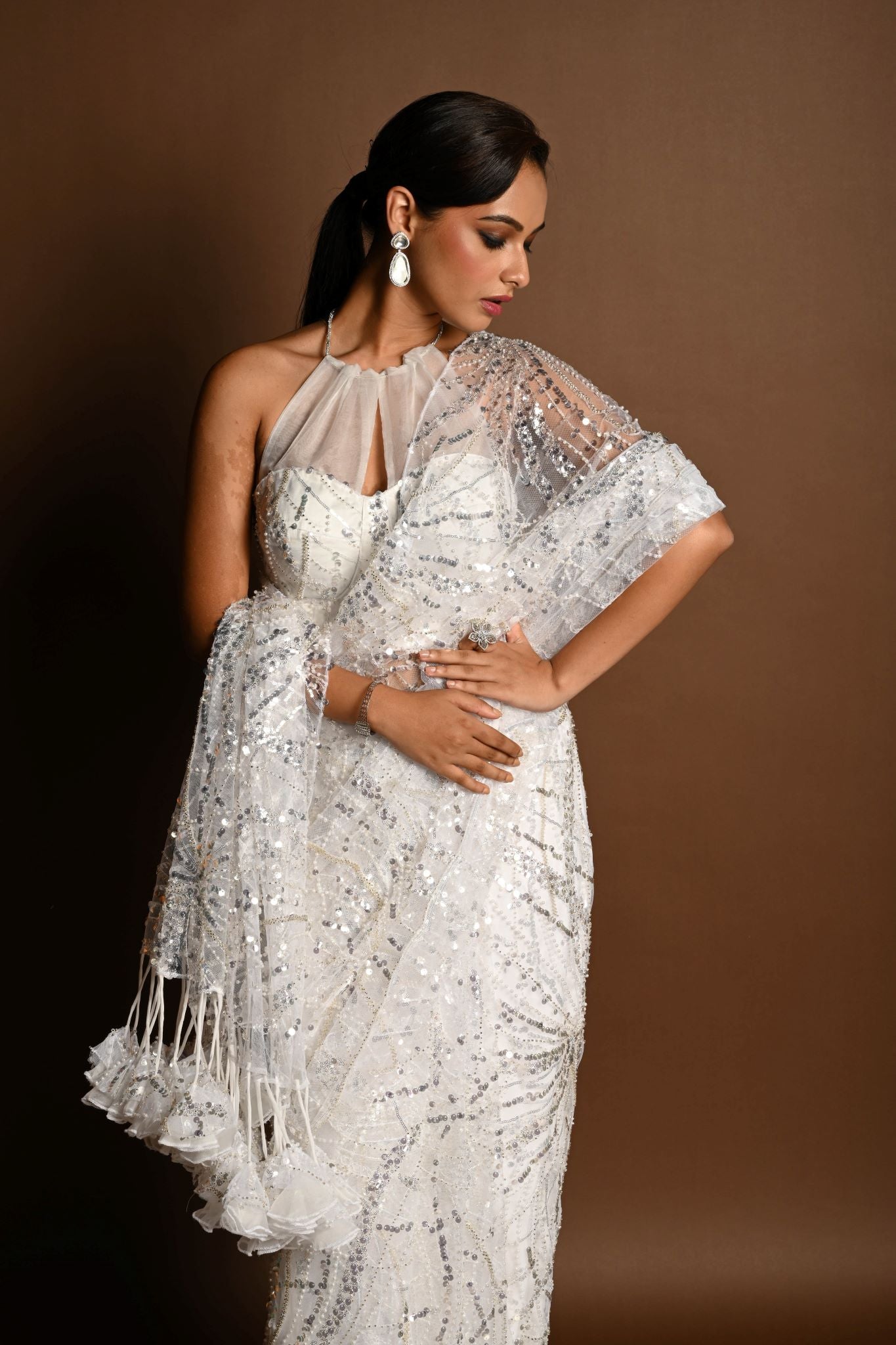 Luxury White Net Saree for Weddings with Halter Neck Blouse