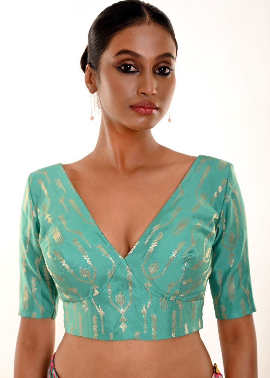 Ocean Green Brocade Blouse with V - Neckline - Anvi Couture