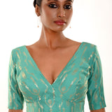 Ocean Green Brocade Blouse with V - Neckline - Anvi Couture