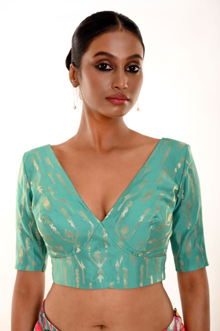 Ocean Green Brocade Blouse with V - Neckline - Anvi Couture