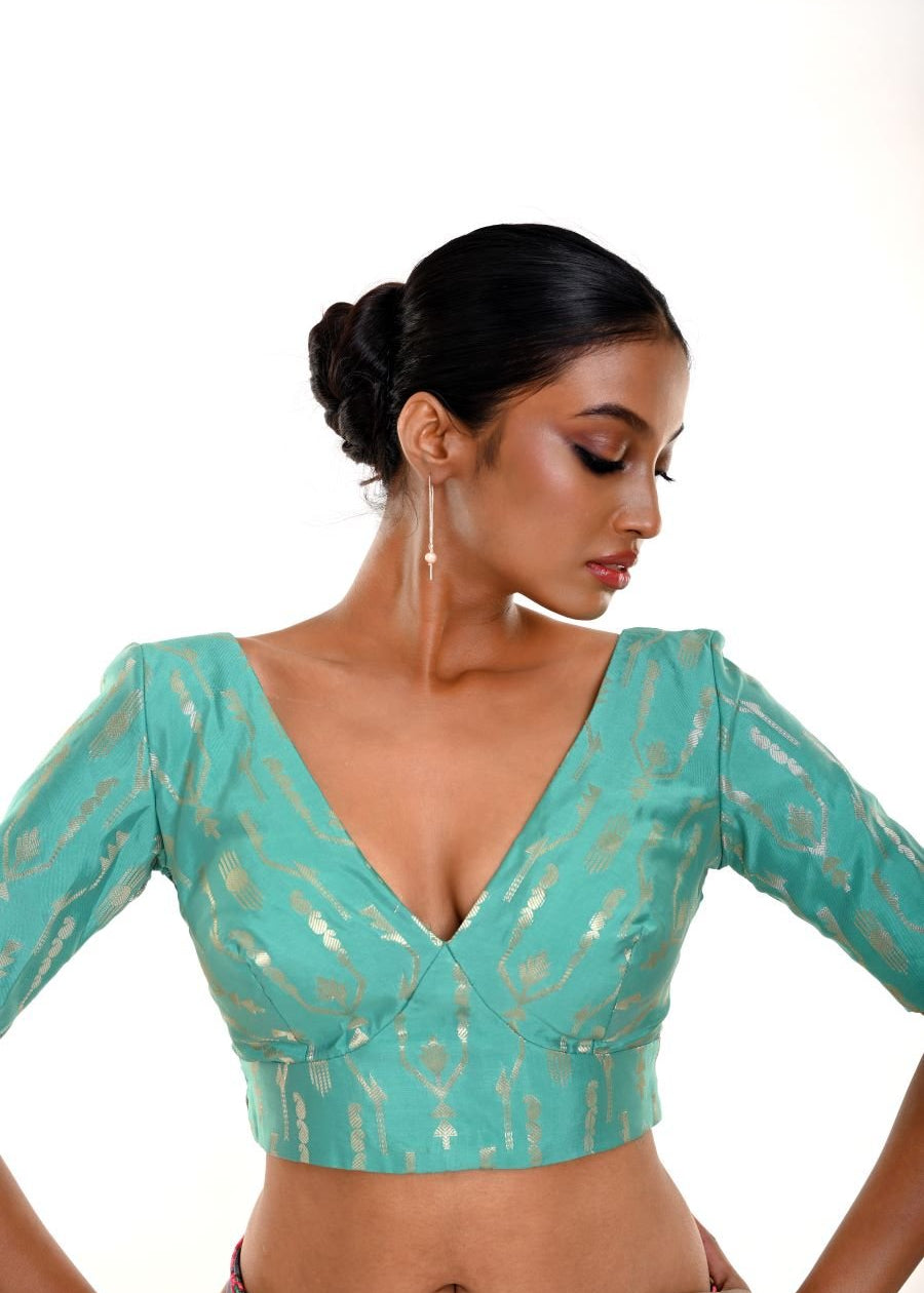 Ocean Green Brocade Blouse with V - Neckline - Anvi Couture