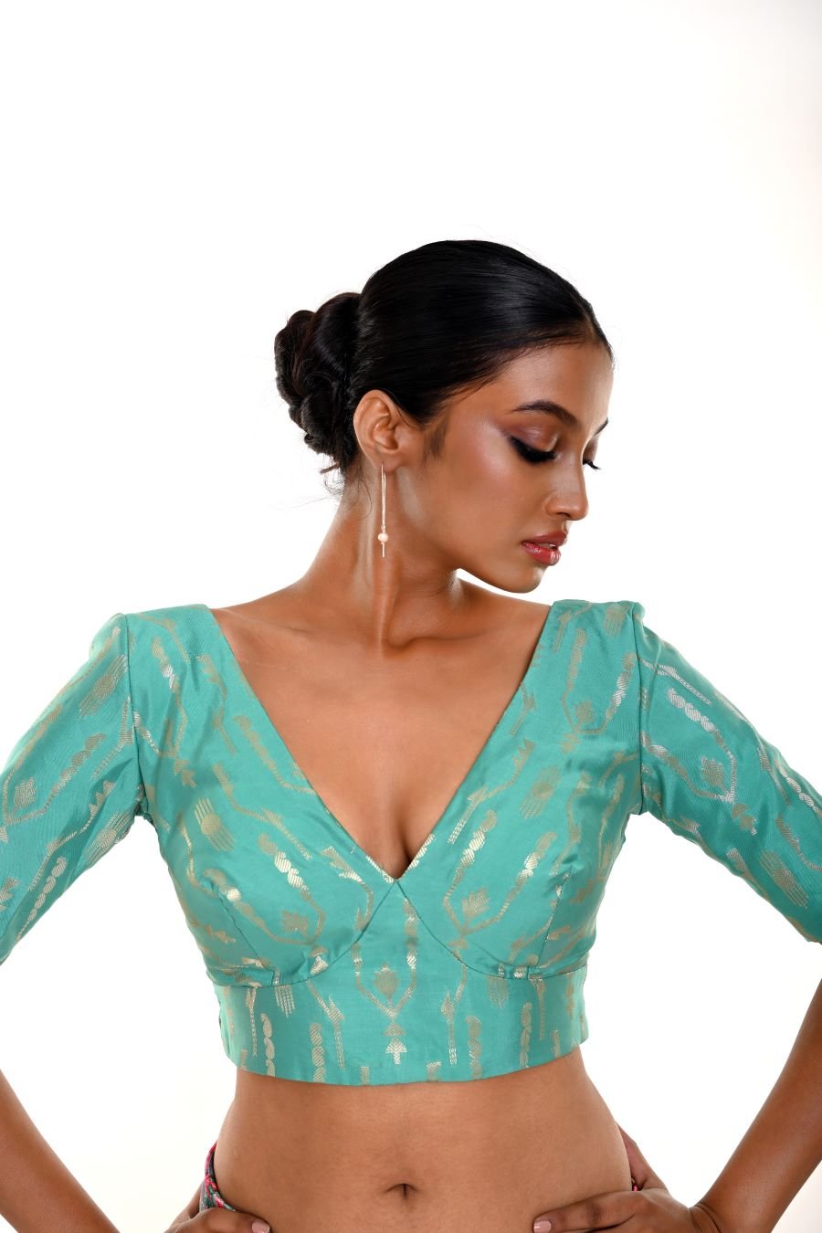 Ocean Green Brocade Blouse with V - Neckline - Anvi Couture