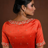 Orange Hand Embroidered Bridal Blouse with Half Sleeves and Front Closure - Anvi Couture