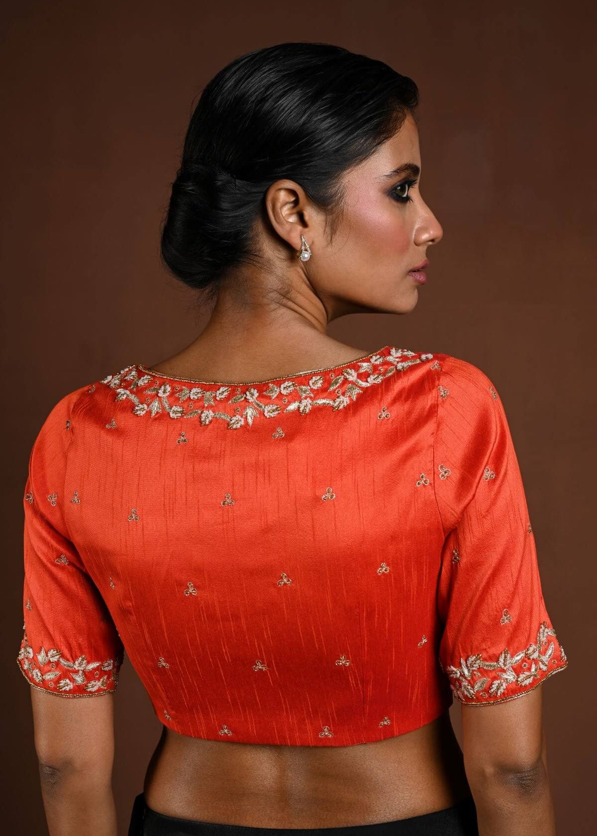 Orange Hand Embroidered Bridal Blouse with Half Sleeves and Front Closure - Anvi Couture