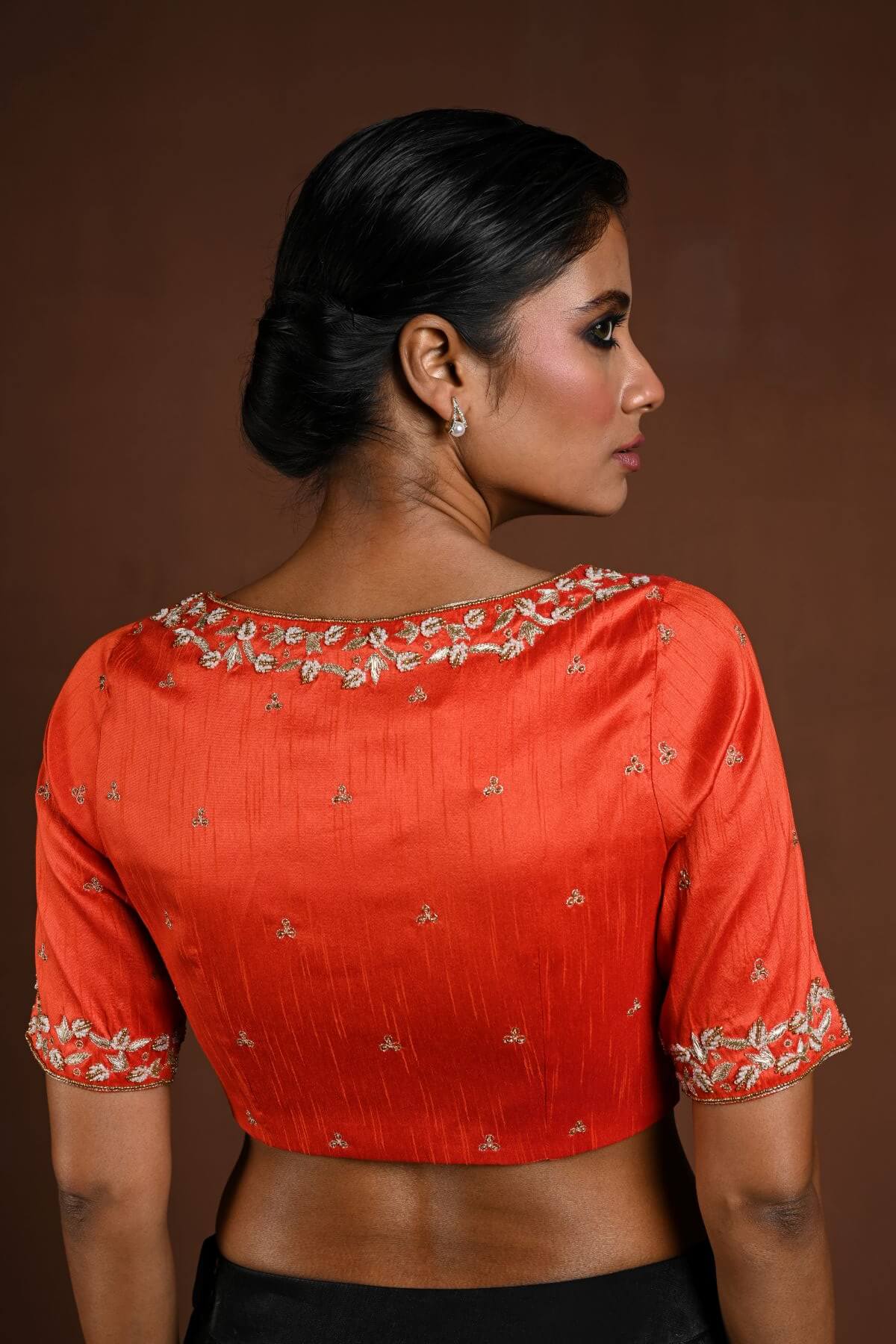 Orange Hand Embroidered Bridal Blouse with Half Sleeves and Front Closure - Anvi Couture