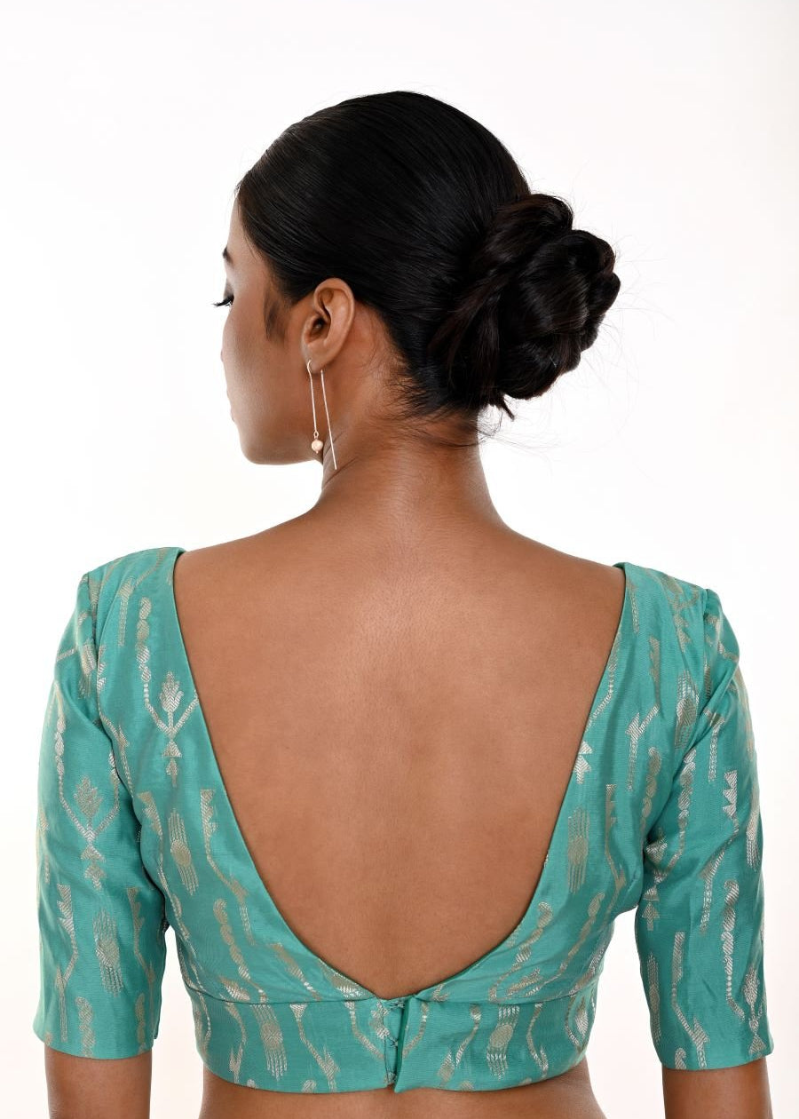 Ocean Green Brocade Blouse with V - Neckline - Anvi Couture
