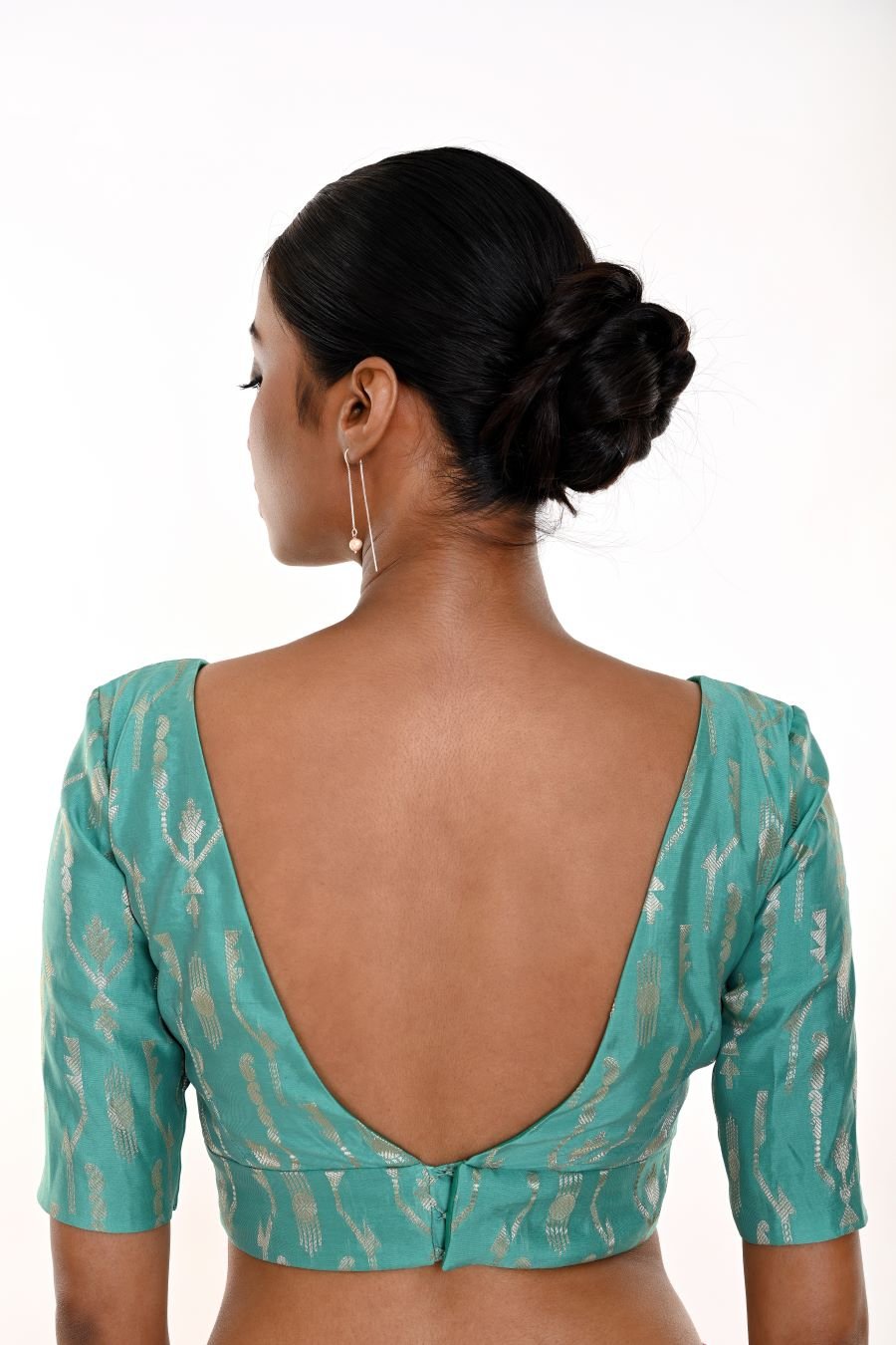 Ocean Green Brocade Blouse with V - Neckline - Anvi Couture